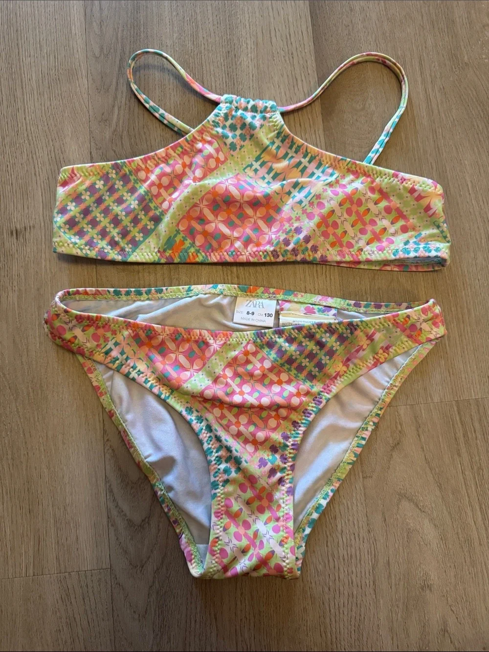 Zara Girls Multicolor Patchwork Bikini — Pink, Yellow, Green, Blue